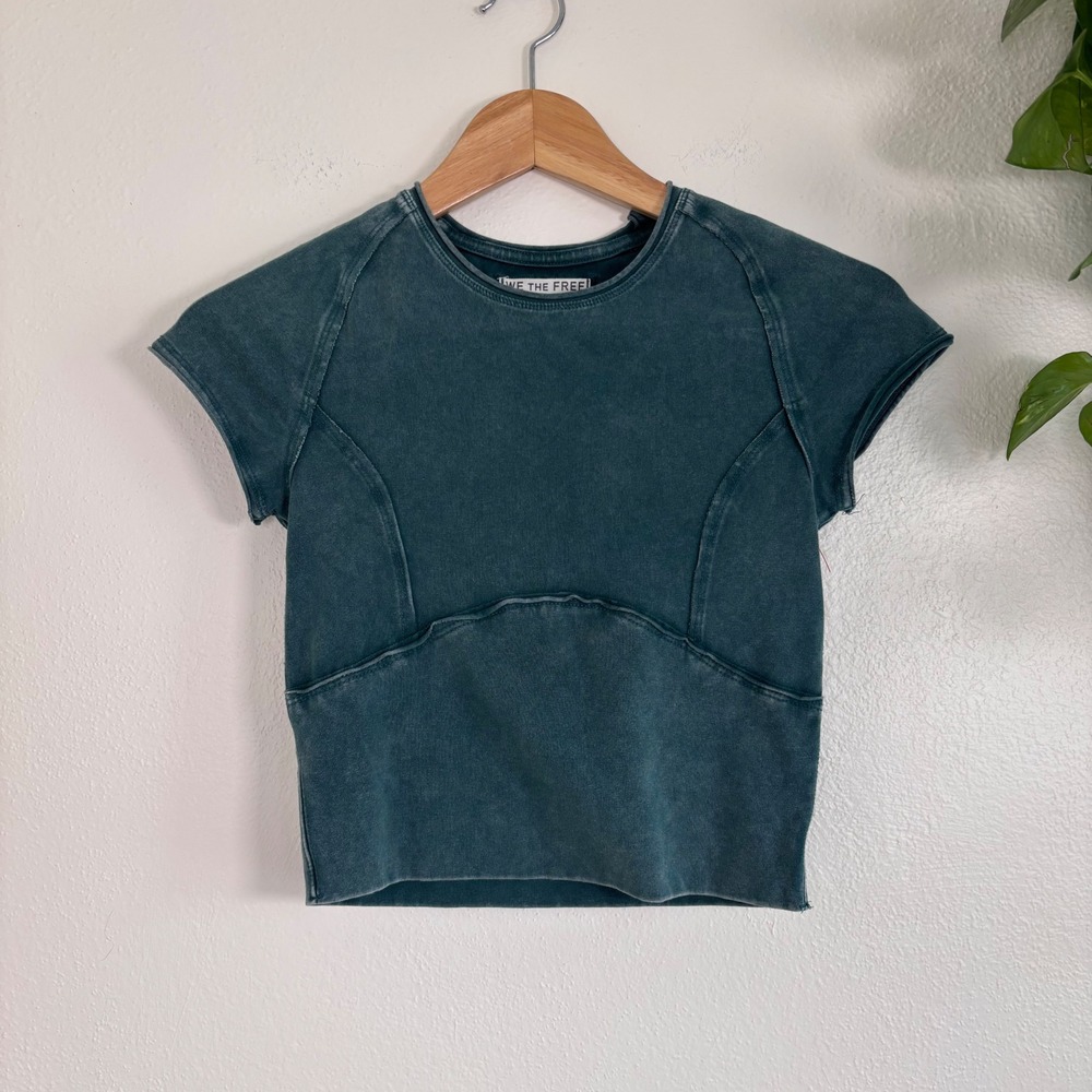 We The Free Protagonist Cropped Cap Sleeve Green Tee XS Top Gorpcore Earthy Boho